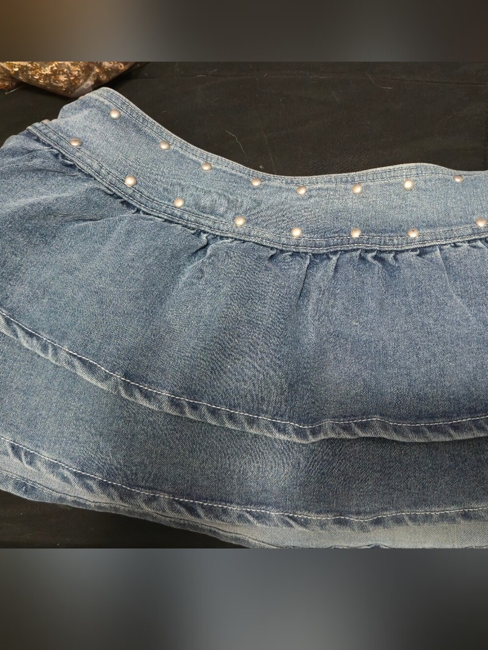 Mini Denim Skirt with Pearl-Style Stud Trim - Blue